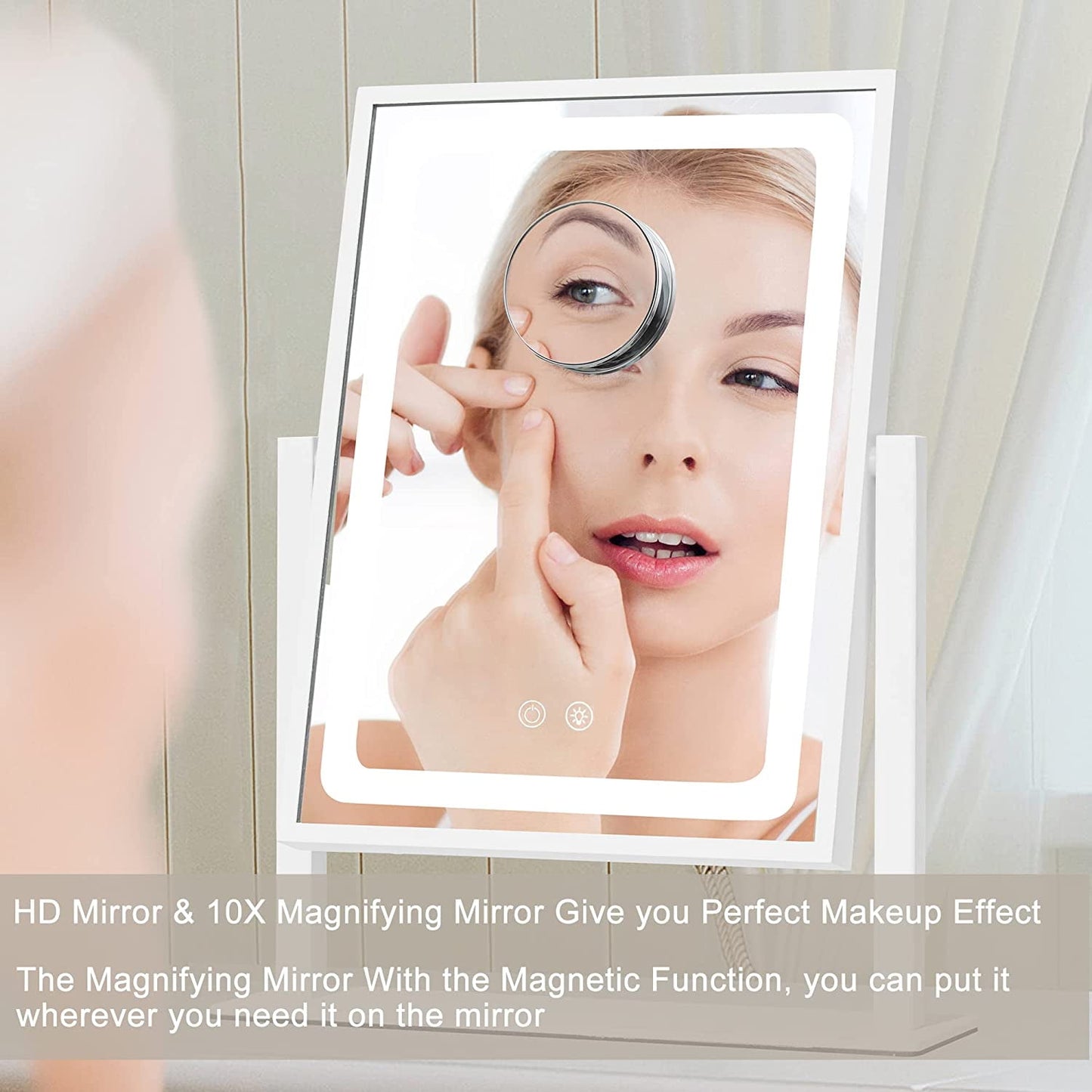 LED Lighted Vanity Mirror | 10x Magnifying | Extra Large White Metal