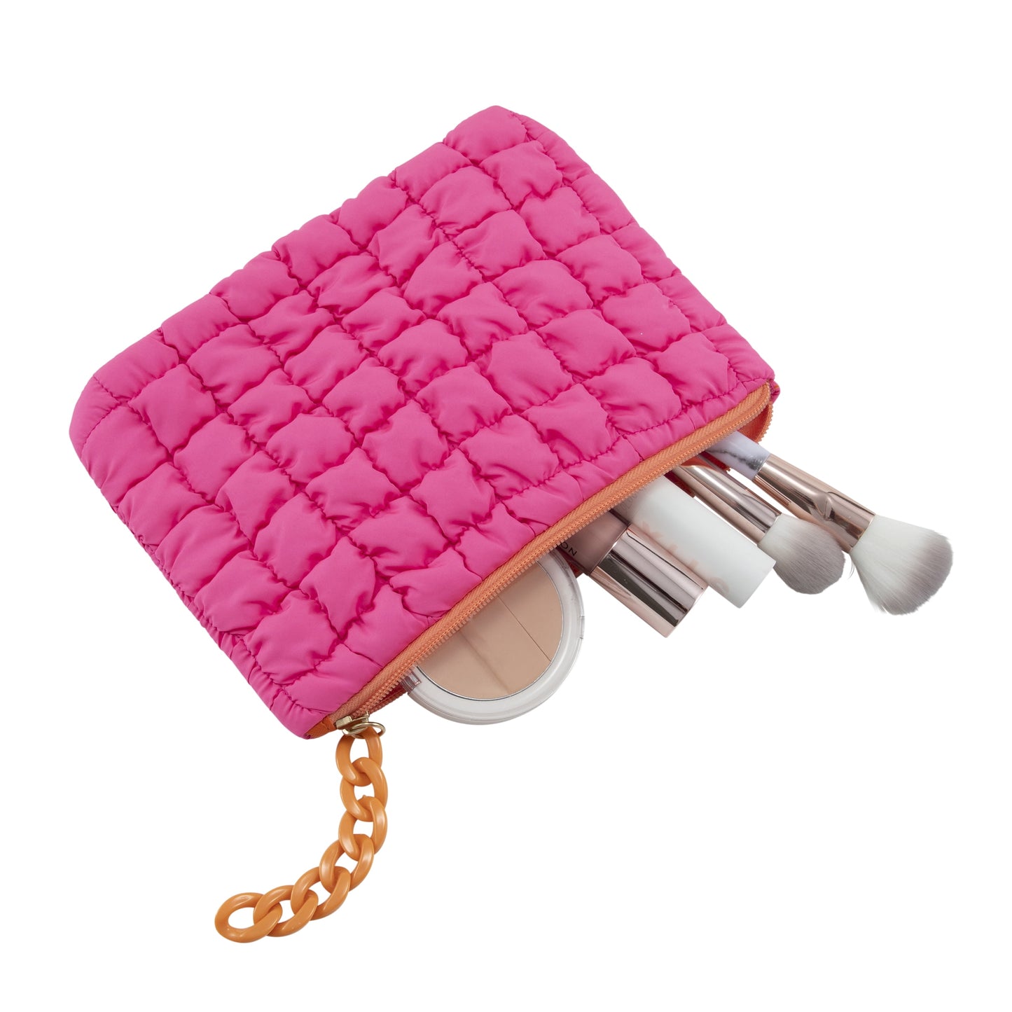 Quilted Bright Pink Puffy Zip Cosmetic Pouch | 9” Wide with Orange Zipper