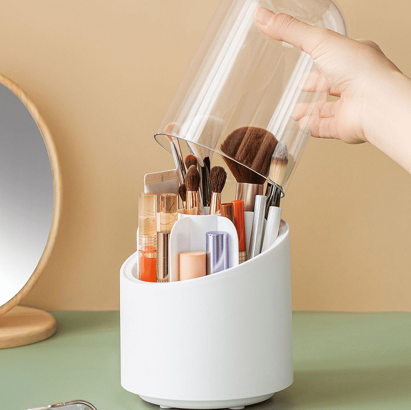 Makeup Brush Holder Organizer | Rotating Dustproof Acrylic Storage for Vanity