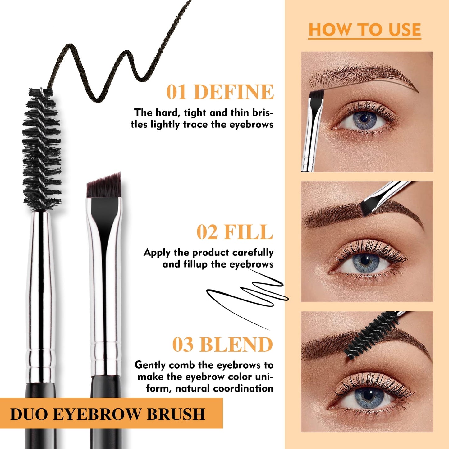 BEILI 3PC Eyebrow Brush Set | Angled Eyeliner & Spoolie | Precision Tools
