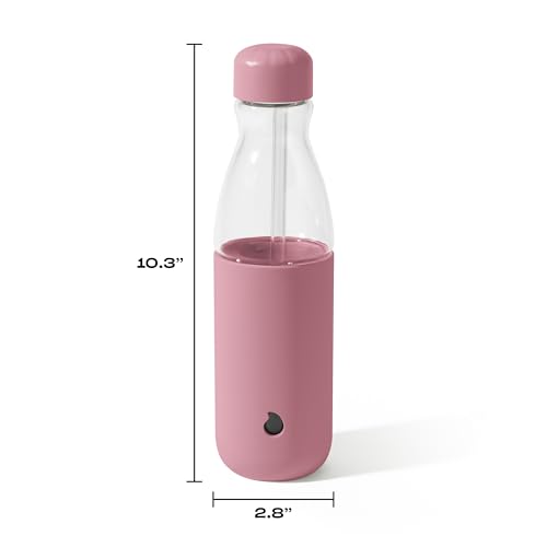Glass Water Bottle with Straw - Dusty Pink, 18oz, Leakproof, BPA Free