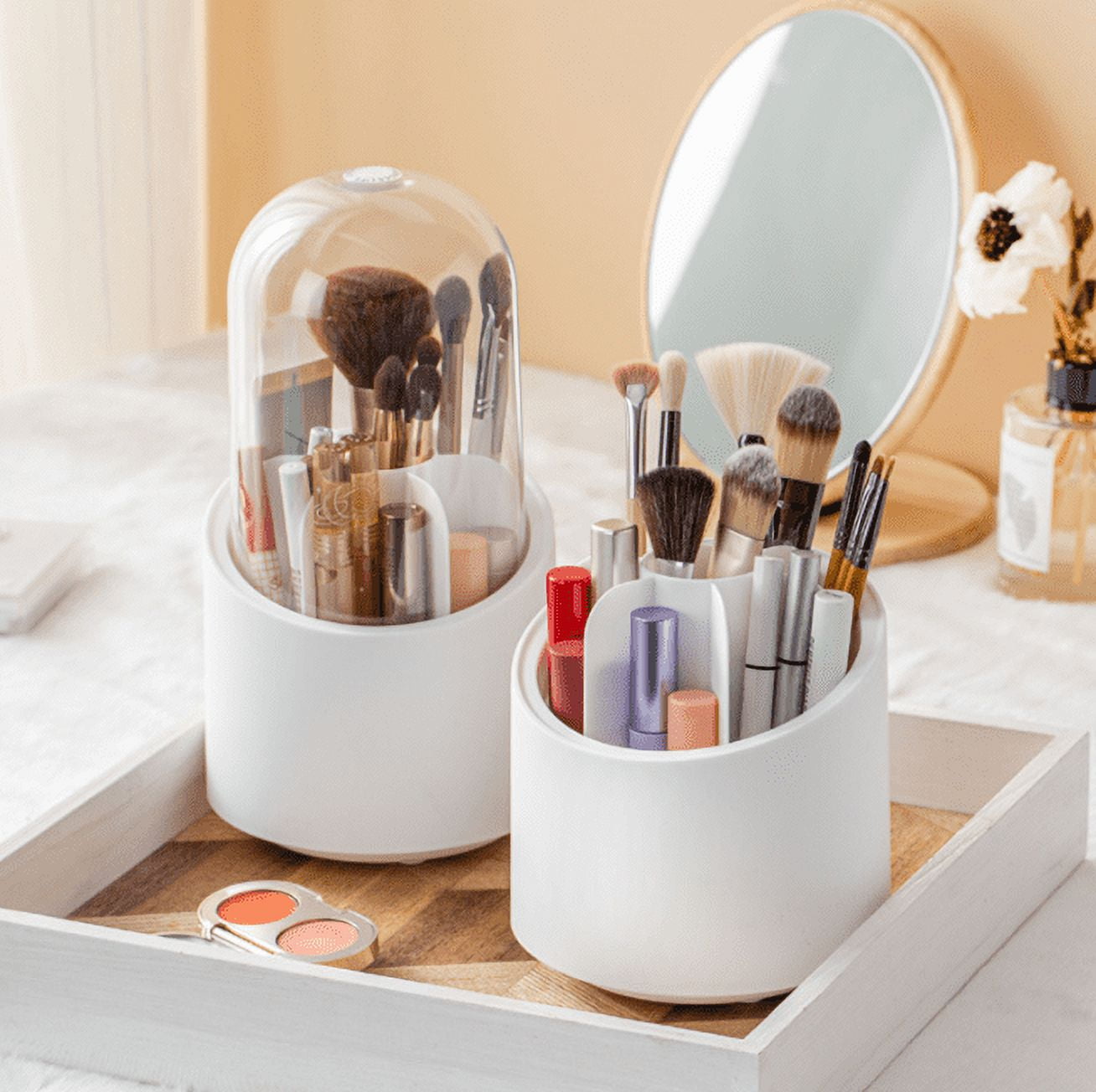 Makeup Brush Holder Organizer | Rotating Dustproof Acrylic Storage for Vanity