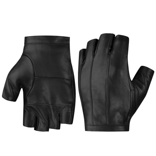 Mens Fingerless Leather Driving Gloves - Small Black