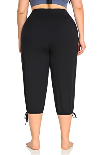 2X ZERDOCEAN Women's Plus Size Yoga Capri Pants Lounge Joggers with Pockets Black