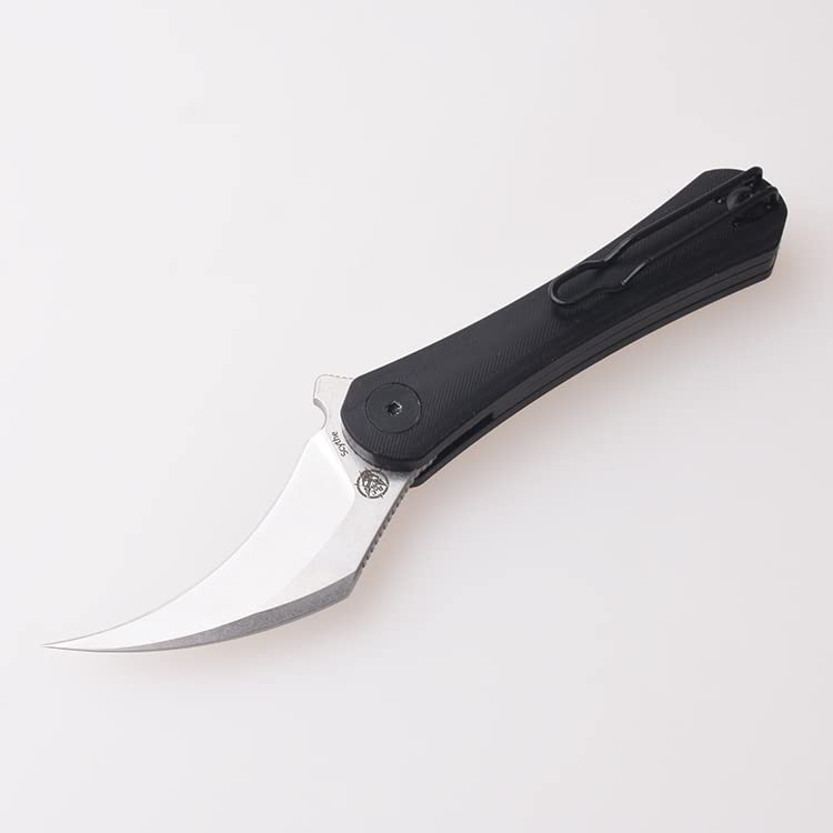 SHIELDON Scythe Pocket Knife 2.55" Stonewashed 154CM Steel Hawkbill Point Blade Black Micarta & G10 Handle Folding Knife, Nested Liner Lock Reversible Wire Clip EDC Knife