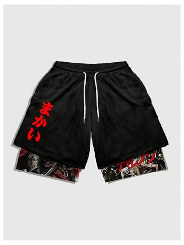 Men's 2 in 1 Gym Shorts with Letter Print & Pockets - Large / Black