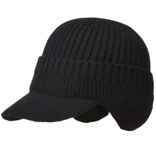 Men Warm Baseball Beanie Hat with Earflap Winter Visor Brim Knitted Caps Thicken Plush Lined Skull Ski Hat