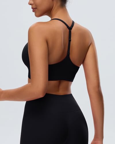 Women's Sports Bras Deep V Neck Adjustable Y Back Spaghetti Strap Racerback Padded Wireless Yoga Workout Tops Large Black