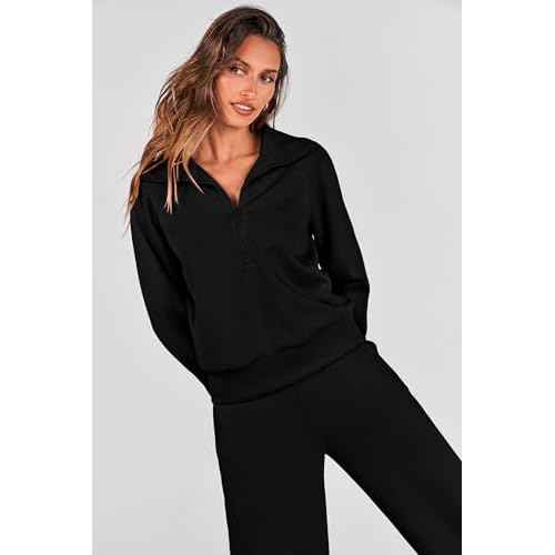 PRETTYGARDEN Women's 2 Piece Outfits Casual Lapel Half Zip Sweatshirts and Wide Leg Pants Tracksuit Sets