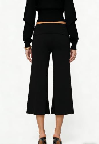 Women Foldover Gauchos Pants Small Black Wide Leg Culottes Cropped Bottom