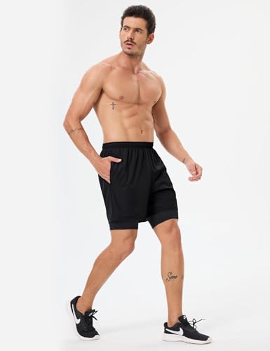 Men's 2-in-1 Athletic Running Shorts - Large Black, Quick Dry Workout Gym Shorts with Pockets & Liner