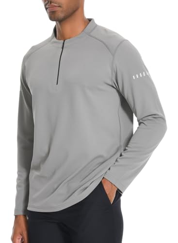 IBIH Men's Workout T-Shirt 1/4 Zip Long Sleeve Athletic Sweater Mock Neck Shirt Elastic Breathable Fabric Medium-Weight,Light Grey,Small