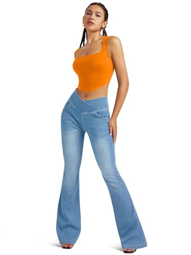 X-Large Light Blue Knit High Waist Bell Bottom Yoga Leggings with Pockets