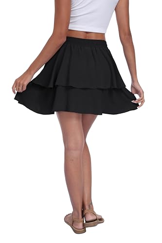 Black Lepunuo Boho Mini Skirt for Women Flowy Ruffle Tiered Skorts with Pockets - X-Large