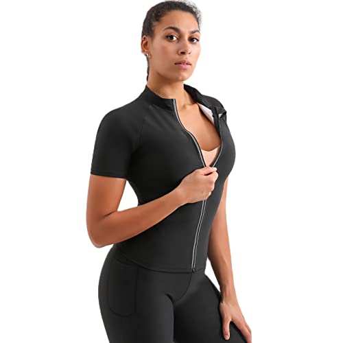 Sauna Suit Jacket for Women Weight Loss Sauna Shirt Waist Trainer Sweat Workout Top Fitness Body Shaper Zipper