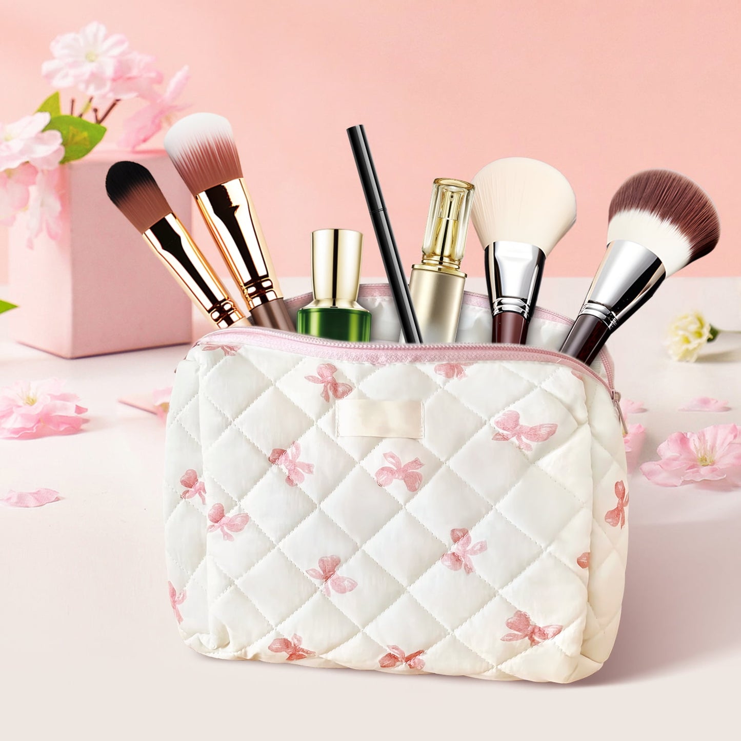 Large Quilted Makeup Bag Set | Cute Cotton Travel Organizer for Women
