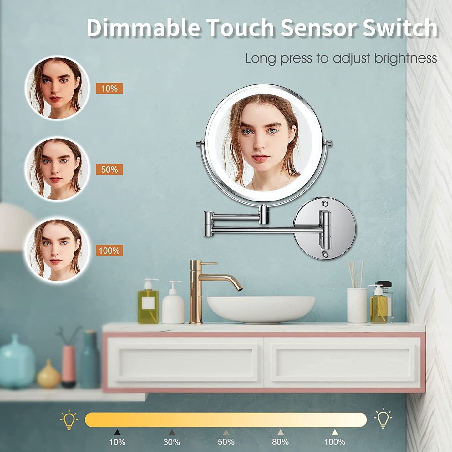 Lighted Wall Mounted Makeup Mirror | 8-Inch Extendable 1x/10x Magnification