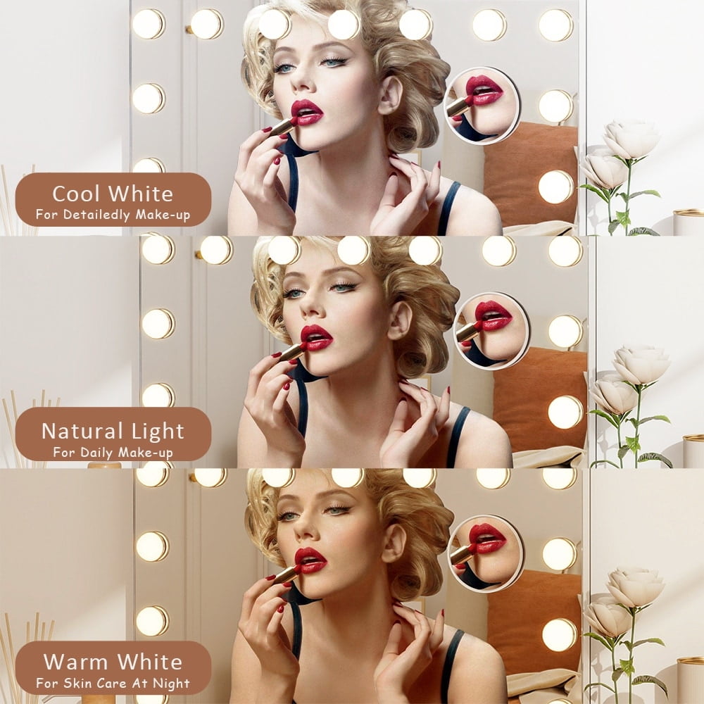 Hollywood Vanity Mirror | 15 Bulbs LED Lighted | Wall-Mounted & Tabletop | White Metal Frame
