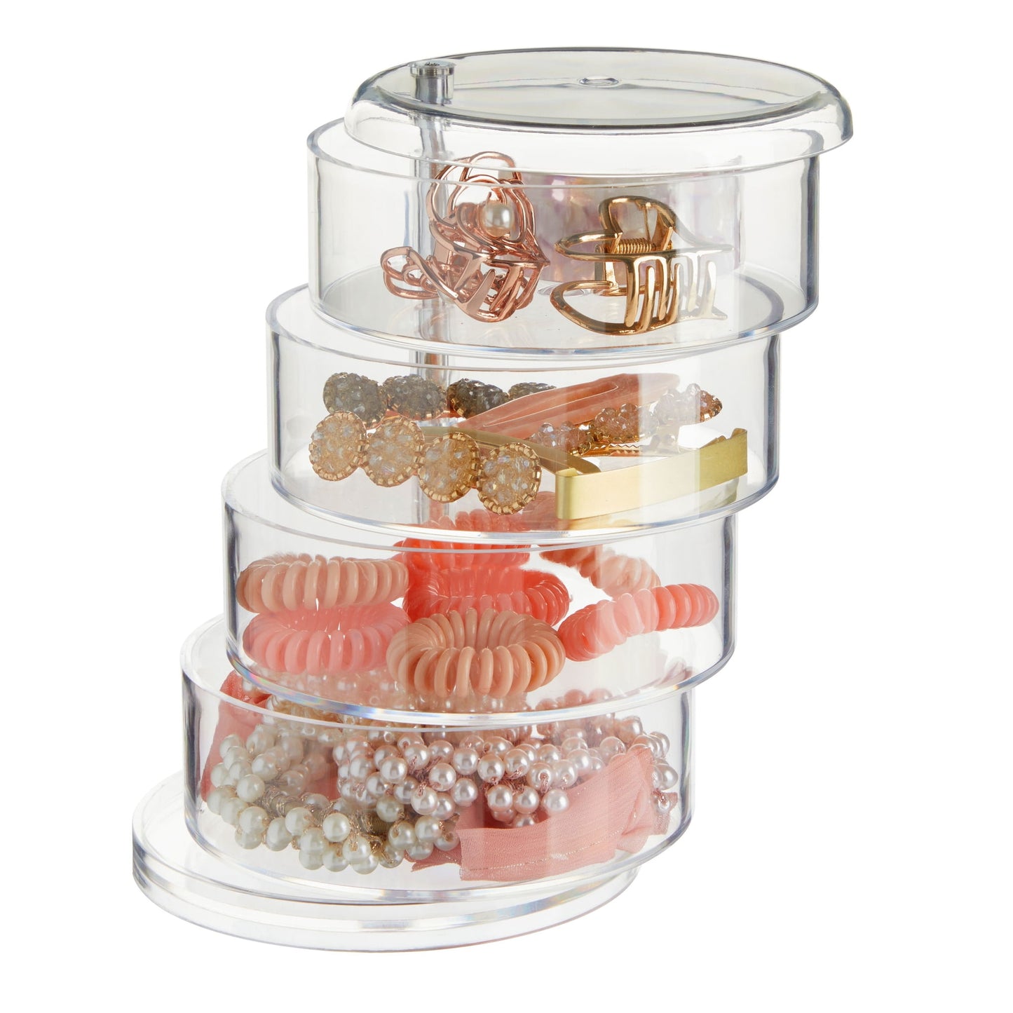 4-Tier Stackable Hair Accessories Organizer | Clear 360° Holder for Ties, Bows & Clips