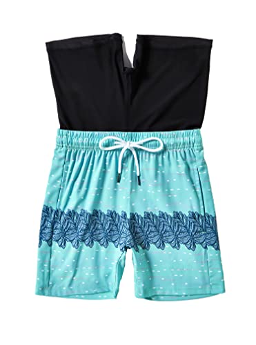Boys Swim Trunks with Boxer Brief Liner - Blue Big Leaf, Quick Dry, 7-8 Years