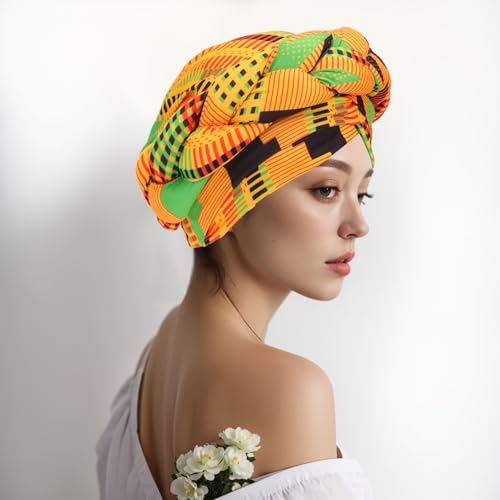 XEPST African Turban Head Wraps Big Braid Cross Turban Hat for Women, Printed Head Wrap Pre-Tied Stretchy Soft Fashion Headwear for Women, Yellow