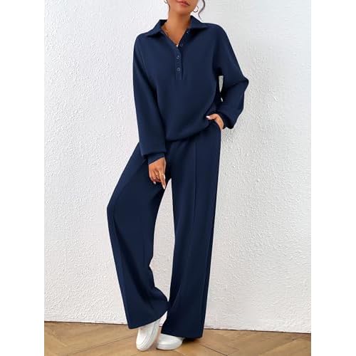 PRETTYGARDEN Women Fall 2 Piece Outfits Sweatsuits Quarter Button Long Sleeve Sweatshirt Wide Leg Pants Tracksuit Lounge Sets