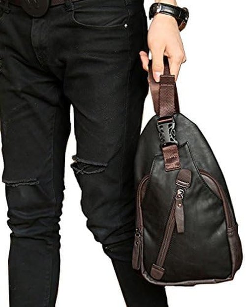 Hebetag Leather Sling Bag Crossbody Backpack for Men Women Travel Outdoor Camping