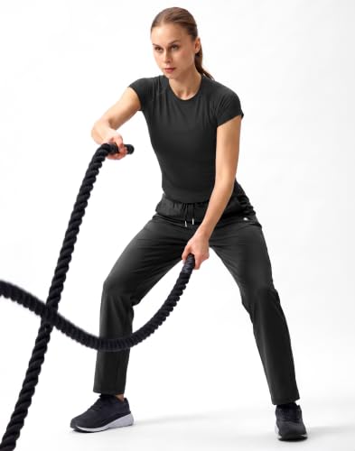 Women's Track Pants with Zipper Pockets - Large Black Athletic Leggings