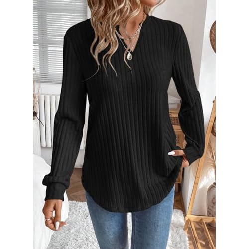 SHEWIN Womens Fall Fashion 2025 Casual Long Sleeve V Neck Tops Shirts Sweaters