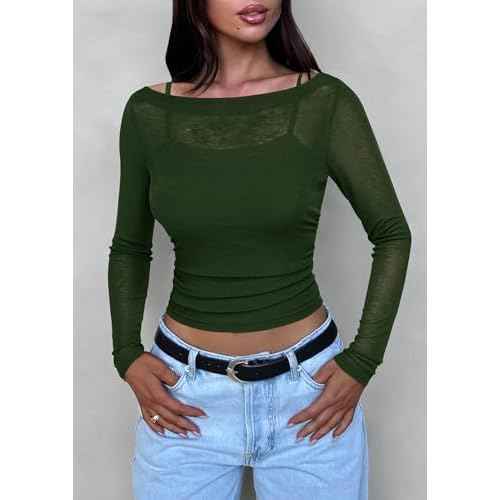 PRETTYGARDEN Women's Long Sleeve Sheer Crop Tops Boat Neck See Through Cover Up with Spaghetti Strap Camisole 2 Piece Blouses