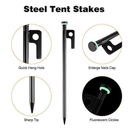 Tent Stakes Heavy Duty & Hammer Set,with 12in Tent Stake Remover +10 in Steel Tent Pegs+Storage Bag +Fluorescent Rubber Circle for Camping Used on Rocks, Grassland,Canopies (10"- 4pack & 12" Hammer)