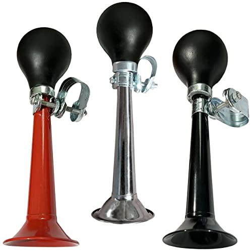 3 Pack Metal Bicycle Bugle Horns with Retro Squeeze Bulb - Silver, Black, Red