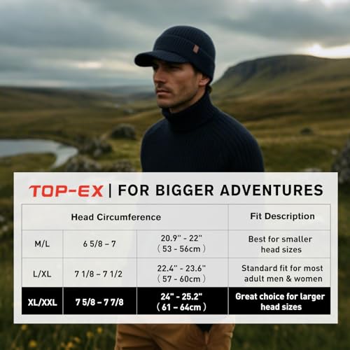 TOP-EX DryKnit¢â Waterproof 50% Merino Wool Visor Beanie Hat for Men Fleece Lined Winter Hat with Brim for Big Heads