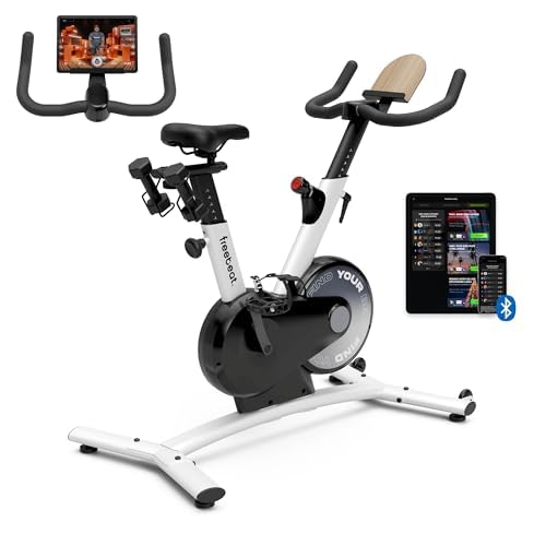 Freebeat Boom Basic Smart Indoor Cycling Bike, Swiss Design Space-Saving Exercise Bike for Home, Auto Resistance, Stationary Bike with Screen, Bluetooth, Gamified Rides with Expert Instructors (Arctic White)