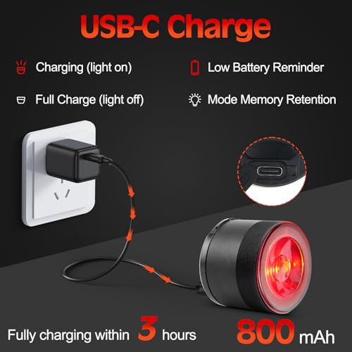 Cruxer Ultra Bright Bike Tail Light 200 Lumen Compact Bicycle Rear Light, USB-C Rechargeable, Smart Brake Sensing up to 300 Lumen, 8 Light Intensity Levels, 4 Lighting Modes, IP66 Waterproof
