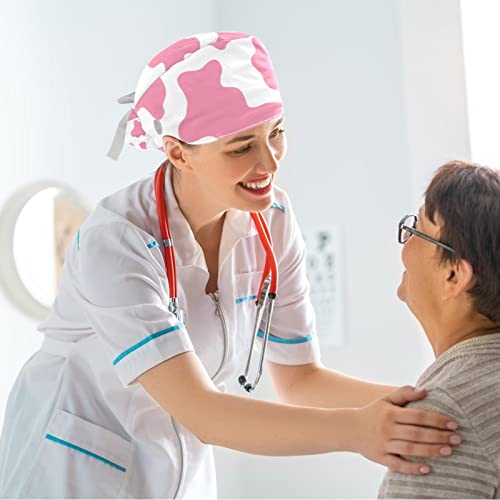 Work Caps Bouffant Surgical Cap with Hair Tie Cow Skin Print Pink Ponytail Holder Tie Back Scrub Hat