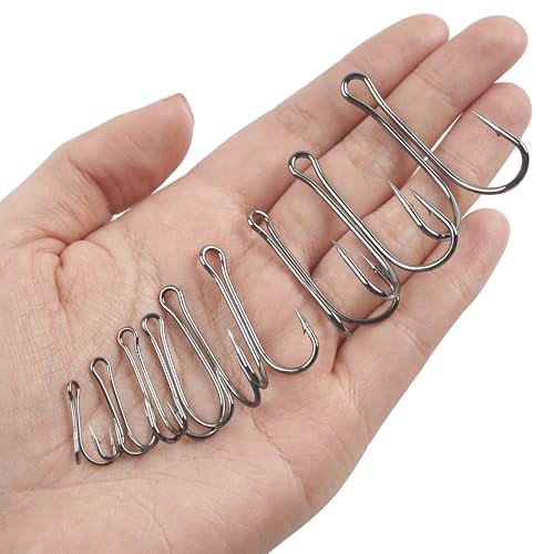 4/0 Double Fishing Hooks - 35pcs Frog Fly Tying Hooks, 3X Strong, Sharp, Open Shank, High Carbon Steel, Barbed, Saltwater & Freshwater
