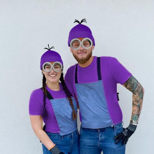 3 Pcs Halloween Costume Accessories Adult,Purple Beanie/Goggles Glasses/Gloves for Women Men Cosplay Party Set