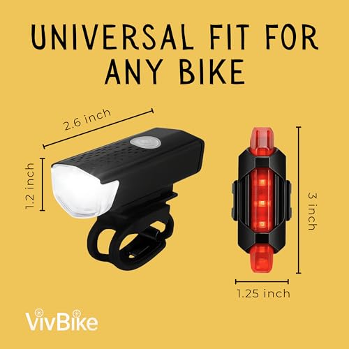 VivBike Rechargeable Bicycle Lights Bright LED Headlight and Taillight, USB Rechargeable, Waterproof, Easy Mount | A HerTime2 Brand