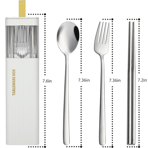 DEVICO Travel Utensils with Case, Stainless Steel Reusable Camping Silverware Set for Lunch Box, Portable Cutlery Kit Includes Fork, Spoon, Chopsticks (White)