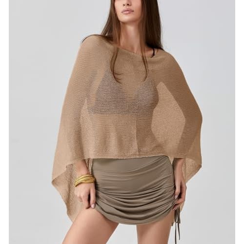 Women Sheer Knit Poncho Y2k See Through Shrug Crochet Mesh Cover Up Lightweight Asymmetrical Beach Shawl Cape Top