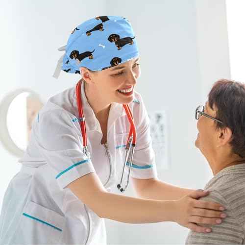 Animals Dogs Working Cap with Buttons, Adjustable Surgical Scrub Cap with Bow Hair Scrunchy