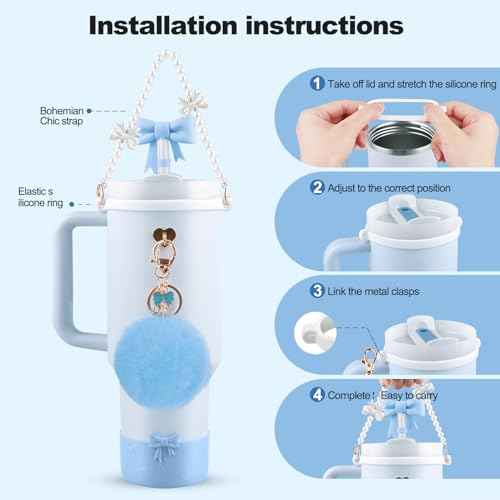 Stanley Cup Accessories Set for 40oz & 30oz Tumbler,Silicone Straw Cover, Cute Bow Charm,Handle Strap,Cup Ring,Plush Pendant,Silicone Stanley Boot,Heart Buttons (Light Blue)