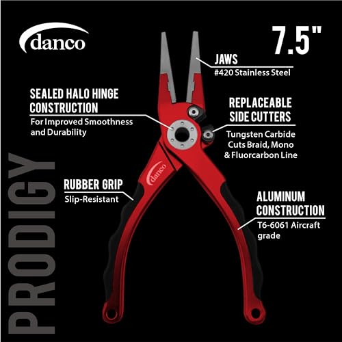danco Prodigy 7.5-inch Fishing Pliers with Replaceable Line Cutters, Aircraft Grade Aluminum Fishing Gear, Saltwater Resistant Fishing Needle Nose Pliers, Rubber Grip Inserts (red)