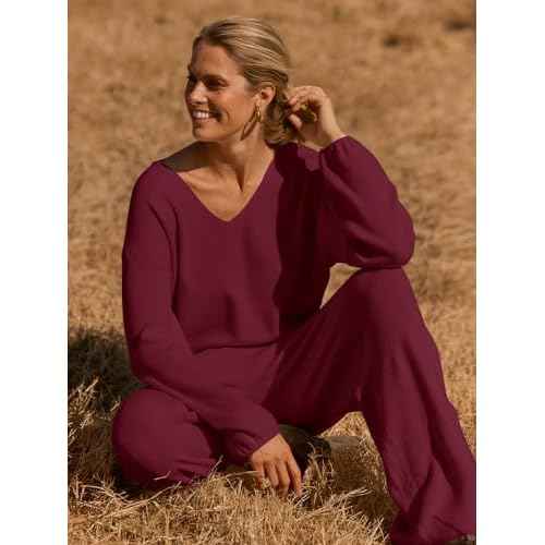 MEROKEETY Women's 2 Piece Outfits Lounge Sets Fall Winter Long Sleeve Knit Sweater Wide Leg Pant Matching Set