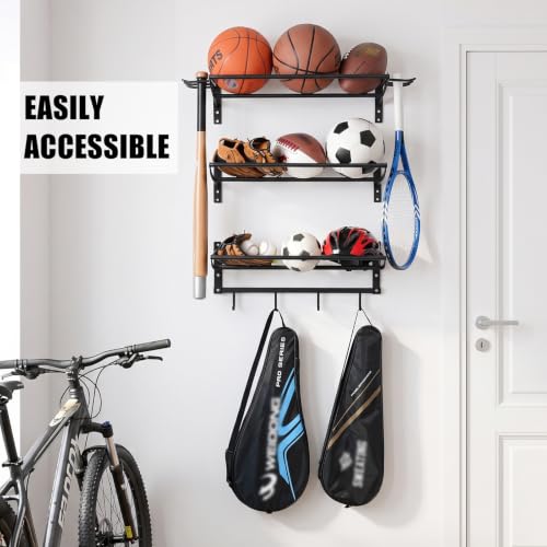 Wall Mount Sports Equipment Organizer - 3-Tier Ball & Gear Storage - Black