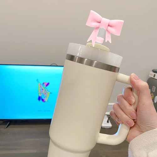 Bow Straw Cover Topper for Stanley Cup,Glitter Pink Silicone Straw Toppers for Tumbler with Handle 30/40oz,Cute 10mm/0.4in Straw Covers Cap,Reusable Straw Lids for Stanley Cup Accessories