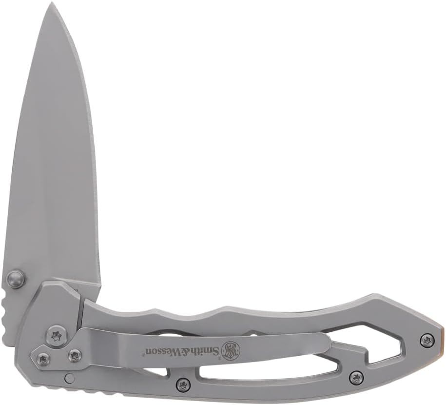 Smith & Wesson CK400 5.4in High Carbon S.S. Folding Knife with a 2.2in Drop Point Blade and Stainless Steel Handle for Outdoor, Tactical, Survival and EDC