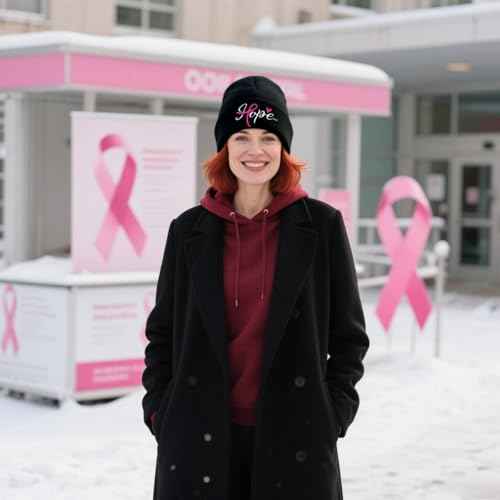 Waldeal Breast Cancer Awareness Beanie Hat for Women, Knit Cuffed Embroidered Pink Ribbon Warm Winter Cap, Black