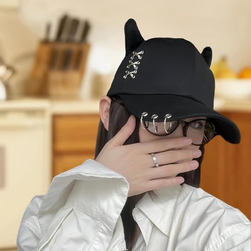 Trendy Adjustable Trucker Hat with Devil Horns, Metal Ring Casual Baseball Cap Women Men, Breathable Cotton K-pop Cap
